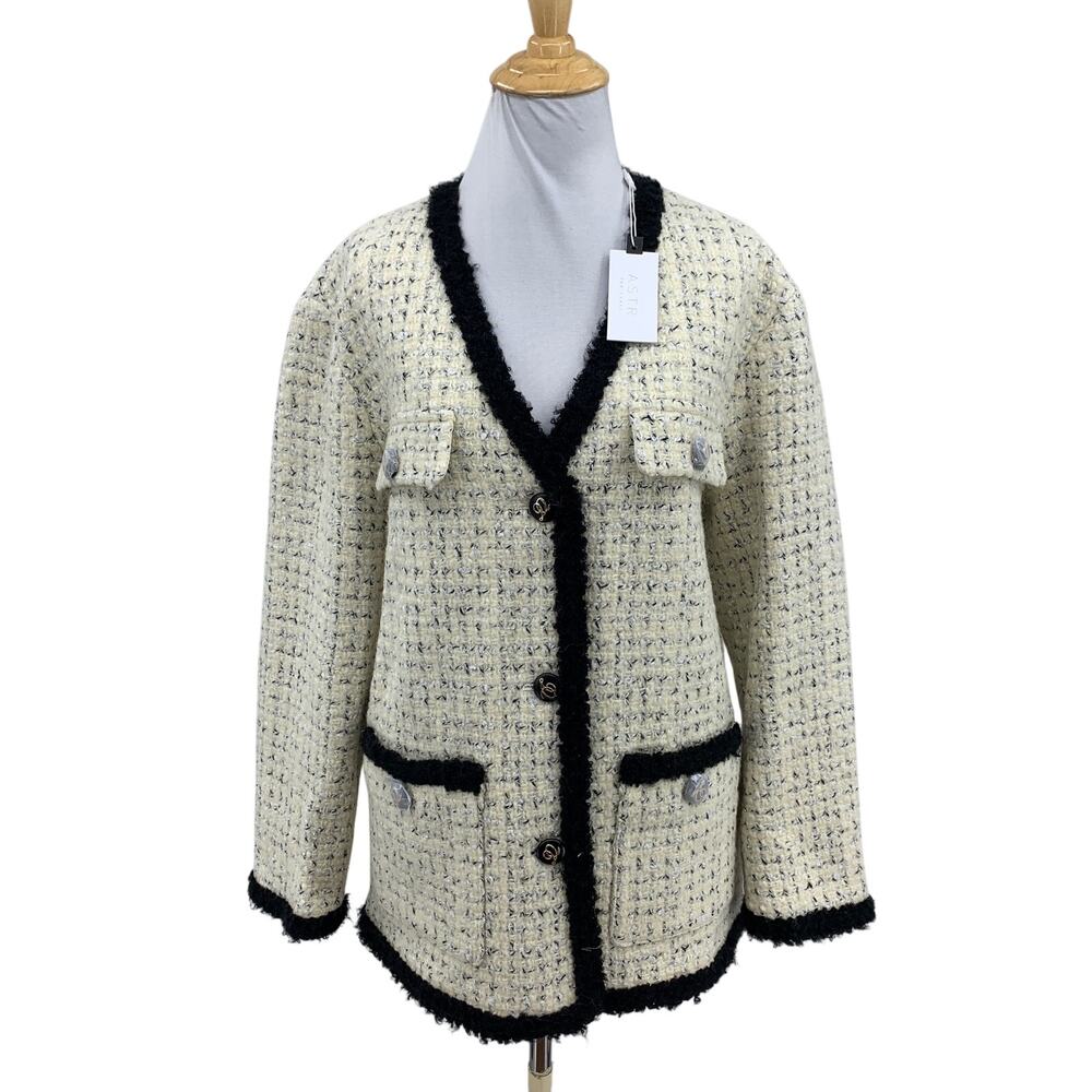 ASTR The Label Blazer Womens S Small Ivory Editha Contrast Tweed Wool Blend